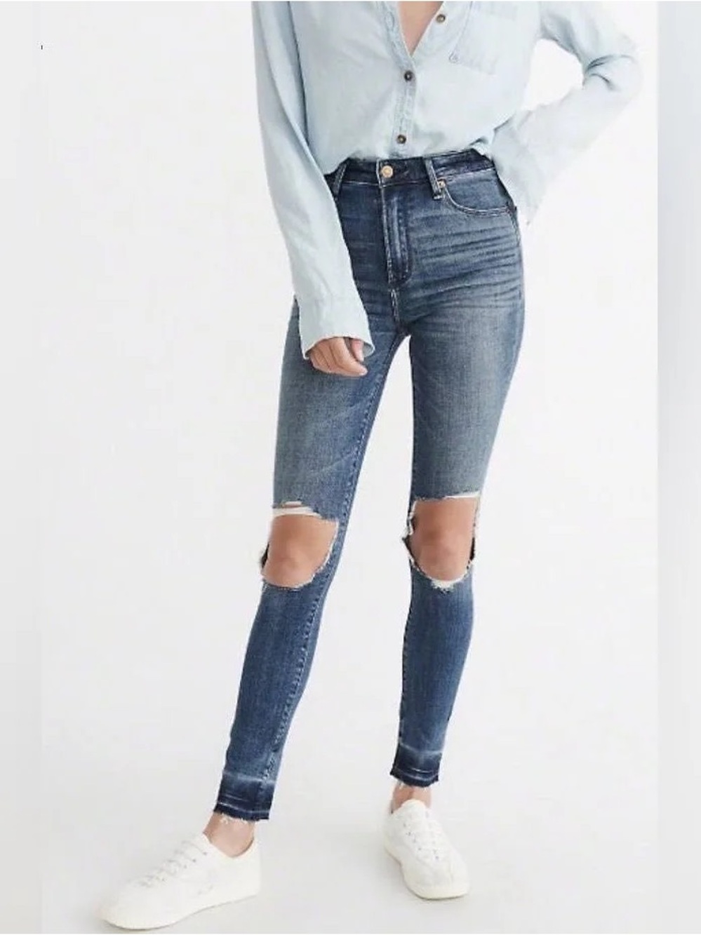 Abercrombie & Fitch High-Rise Skinny Jeans - Medium Blue with Knee Rips